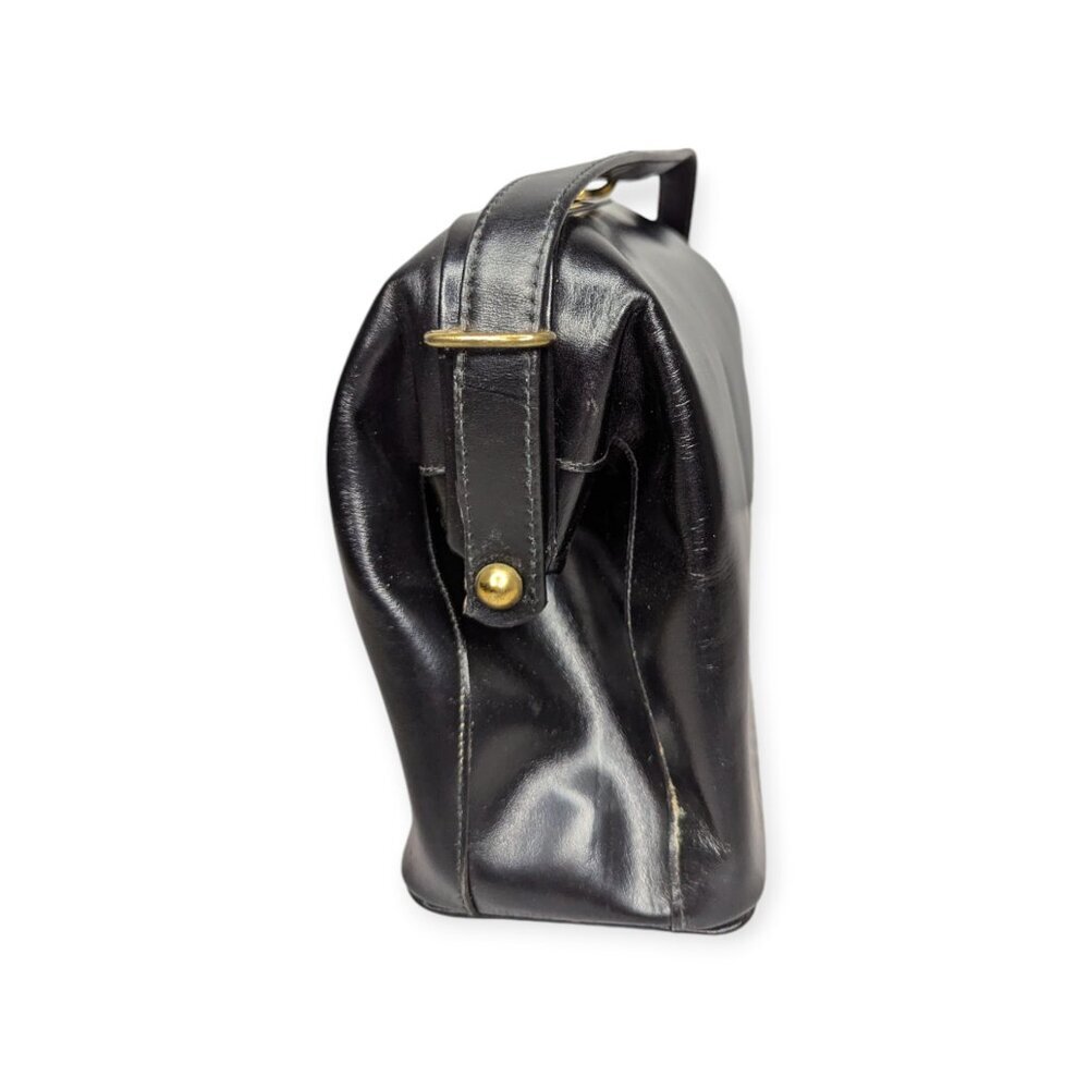 Vintage Leather Black Handbag with Gold Tone Metal Clasp Closure Leather Lined - Picture 5 of 16